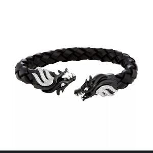 Black Leather Stainless Steel Cz Encrusted Dragon Bracelet Mens Unisex